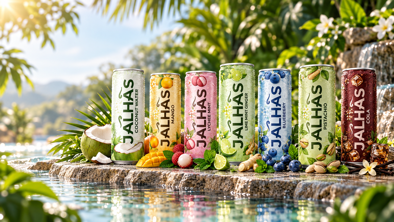 Seven tall Jalhas hydration drink cans with vertical branding and botanical flavor artwork